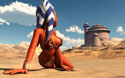 1girls 3d ahsoka_tano alien alien_girl all_fours armband artist_name bare_shoulders big_breasts blue_eyes bracer busty clone_wars curvy eyelashes female female_only front_view high_heels hourglass_figure humanoid jabba's_palace jedi jedi_padawan kondaspeter looking_back mammal marking metal_bikini midriff orange_skin outdoor outside pose posing shadow shiny shiny_skin slave_ahsoka slave_bikini solo star_wars tatooine the_clone_wars:_season_four togruta voluptuous wide_hips