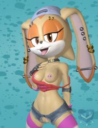 3d 3d_model anthro ass big_breasts breasts brown_eyes clothing cream_the_rabbit ear_piercing eyelashes female fur gloves invalid_tag legwear mammal navel nipple_piercing nipples open_mouth orange_fur piercing pussy shirt slashysmiley snapback socks sonic_(series) sorok17 striped_legwear striped_socks stripes tank_top thigh_highs tongue torn_clothing yellow_fur