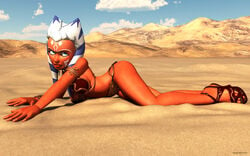 1girls 3d ahsoka_tano alien alien_girl all_fours armband artist_name bare_shoulders big_breasts blue_eyes bracer busty clone_wars curvy eyelashes female female_only front_view high_heels hourglass_figure humanoid jedi jedi_padawan kondaspeter looking_at_viewer lying mammal marking metal_bikini midriff orange_skin outdoor outside pose posing shadow shiny shiny_skin slave_ahsoka slave_bikini solo star_wars tatooine the_clone_wars:_season_four togruta voluptuous wide_hips