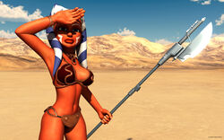 1girls 3d ahsoka_tano alien alien_girl armband artist_name bare_shoulders big_breasts blue_eyes busty choker clone_wars curvy eyelashes female female_only front_view hand_on_hip hands_on_hip hands_on_hips holding_object hourglass_figure humanoid jedi jedi_padawan kondaspeter looking_up mammal marking metal_bikini midriff orange_skin outdoor outside pose posing shadow shiny shiny_skin slave_ahsoka slave_bikini solo standing star_wars tatooine the_clone_wars:_season_four togruta vibro_axe voluptuous weapon wide_hips