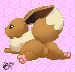 1girls 3_toes :3 all_fours anus ass big_ass big_ears brown_fur clitoris eevee eyelashes feet female female_only feral fur furry furry_only half-closed_eyes long_ears looking_at_viewer looking_back makoto177 nintendo nude pawpads paws pink_background pokémon_(species) pokemon purple_eyes pussy raised_tail smile spread_legs tail text thick_thighs video_games watermark white_fur