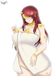 1girls cleavage covered_breasts curvaceous curvy eyes_covered fae-sama female female_only flower flower_on_head flowerfell frisk lips pale_skin red_hair simple_background smile solo solo_focus tagme towel underfell undertale undertale_fanfiction voluptuous wet