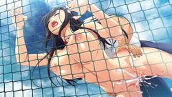 breasts clothed_male_nude_female cum cum_in_pussy fence food huge_breasts long_hair mizoro_tadashi nude shinyuu_ga_kizukanu_uchi_ni_kanojo_o_netoru_boku waffle