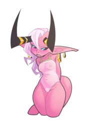 2018 alpha_channel black_sclera blue_eyes blush breasts cameltoe clothing demon digital_media_(artwork) ear_piercing embarrassed female hi_res humanoid looking_aside navel piercing solo standing swimsuit the_pink_pirate thick_thighs translucent transparent_background