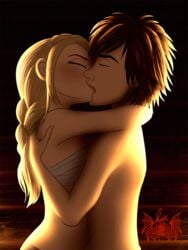 1boy 1boy1girl 1girls arm_around_neck astrid_hofferson bare_shoulders blonde_hair blush bottomless braid braided_hair breast_bondage breast_wrap brown_hair canon_couple closed_eyes dreamworks embrace hand_on_back head_tilt hiccup_horrendous_haddock_iii how_to_train_your_dragon hug kiss_on_lips kissing light_skin love luxblack male/female no_panties nude passionate romantic short_hair side_view single_braid straight topless viking