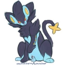 1boy 2018 animal_genitalia black_fur blep blue_fur electrikestorm feline feral fully_sheathed fur furry hi_res luxray male male_only mammal nintendo pink_nose pokémon_(species) pokemon pokemon_(species) pokemon_dppt red_sclera sheath simple_background sitting sketch solo testicles text tongue tongue_out video_games watermark white_background wide_hips yellow_eyes