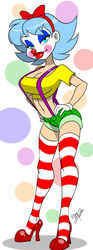 1girls aeolus06 bimbo blue_hair blush breasts busty circus cleavage clothed clown clown_girl clown_makeup clown_nose curvy eyeshadow female giggles_the_slutty_clown high_heels hourglass_figure legs lipstick looking_at_viewer lower_body makeup original_character short_shorts stockings striped_legwear thick thigh_highs thighhighs upper_body voluptuous