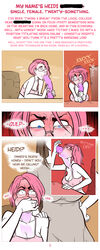 2girls blush cleavage comic deepthroat dildo dildo_ingestion female glasses heidi_(sparrow) insertion milf mother_and_daughter multiple_girls oral_insertion pink_hair sex_toy sparrow_(artist) speech_bubble tank_top text throat_bulge