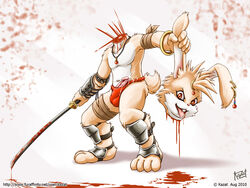 2010 balls blood cum decapitation gore just_a_flesh_wound kazat lagomorph male mammal melee_weapon penis rabbit red_eyes solo sword weapon