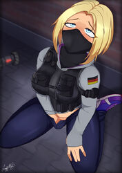1girls ahe_gao big_breasts blonde_hair blue_eyes breasts clothed_masturbation clothing female female_only fingering fingering_self graffitys half_mask hand_in_pants hand_under_clothes iq_(rainbow_six) jeans kneeling masturbating_under_clothes masturbation rainbow_six rainbow_six_siege tom_clancy tongue vest
