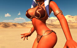 1girls 3d ahsoka_tano alien alien_girl armband artist_name bare_shoulders big_breasts bracer busty choker clone_wars curvy female female_only front_view holding_object hourglass_figure humanoid jedi jedi_padawan kondaspeter looking_at_viewer mammal marking metal_bikini midriff orange_skin outdoor outside pose posing shiny shiny_skin slave_ahsoka slave_bikini solo standing star_wars tatooine the_clone_wars:_season_four togruta vibro_axe voluptuous weapon wide_hips