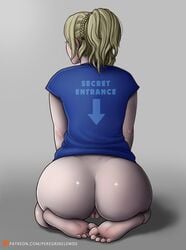 1girls ass barefoot blonde_hair blue_shirt bottomless bottomless_female braid fat_mons feet female female_only final_fantasy final_fantasy_xv from_behind lunafreya_nox_fleuret peregrinelewds provocative_writing pussy short_hair solo t-shirt t-shirt_only uncensored viewed_from_behind wariza