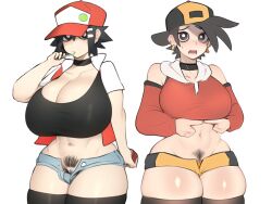 2girls ai_generated backwards_baseball_cap baseball_cap bimbo bimbofication black_eyes black_hair candy choker cleavage crop_top detached_sleeves earrings ethan_(pokemon) expressionless female fingers_together gold_(pokemon) hairclip hoodie jacket lollipop microshorts midriff minishorts navel nintendo open_jacket open_mouth open_shorts pokeball pokemon pubic_hair pussy red_(pokemon) rule_63 scared short_hair sleeveless sweatdrop thick_thighs thighhighs wide_hips