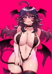 breasts crawling_dreams demon demon_girl goth head_wings highres huge_ass huge_breasts lingerie naughty_face nyarla_(crawling_dreams) nyarla_(osiimi) osiimi seductive seductive_smile simple_background smile string_bikini succubus swimsuit the_crawling_city thick_thighs thighhighs thighs underwear