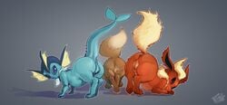 2018 3girls all_fours anus ass ass_up belly big_ass big_ears blue_fur brown_eyes brown_fur canine claws eevee eeveelution feet female female_only feral fins flareon from_behind furry grey_background group inviting large_ass long_ears looking_at_viewer looking_away looking_back mammal nintendo pawpads paws ph0que plump_labia pokémon_(species) pokemon pokemon_rgby presenting presenting_hindquarters purple_eyes pussy raised_tail rear_view shadow simple_background text thick_thighs vaporeon video_games watermark white_fur wide_hips yellow_fur