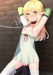 1boy ankle_boots armpits arms_behind_back armwear balls bangs bare_shoulders black_footwear blonde_hair blush boots bound breath censored chains clenched_teeth collar collarbone commentary_request crossdressing cute elbow_gloves elf exposed eyebrows_visible_through_hair femboy flat_chest flat_chested girly gloves green_eyes green_gloves hair_between_eyes highres humanoid_penis kneeling leash legs_apart light_skin little_penis looking_at_viewer male male_only mizuki_eiru_(akagi_kurage) mosaic_censoring navel nipples no_panties oerba_yun_fang original pale-skinned_male pale_skin penis pointy_ears red_collar red_ribbon restrained ribbon see-through slave small_balls small_penis solo standing sweat teeth testicles thighhighs thin_waist tiny_penis trap white_legwear white_skin