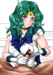 1boy bar_censor bishoujo_senshi_sailor_moon blue_eyes blush breasts censored choker clothing collarbone erect_nipples erect_nipples_under_clothes erection female gabri-l gloves green_hair handjob large_breasts looking_at_viewer michiru_kaiou penis sailor_neptune smile source_request