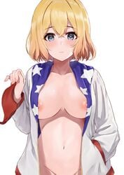 american_flag areolae ayul_(ayulneri_92) bangs big_breasts blonde_hair blue_eyes blush breasts crossed_bangs embarrassed exposed_breasts eyebrows_visible_through_hair female flag_print hair_between_eyes hand_in_pocket heart-shaped_pupils high_resolution jacket kanojo_okarishimasu looking_at_viewer nanami_mami navel nipples no_bra no_panties open_mouth short_hair simple_background solo solo_female stomach white_background white_jacket