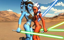 2girls 3d aayla_secura ahsoka_tano alien alien_girl armband artist_name bald bare_shoulders big_breasts blue_eyes blue_lightsaber blue_skin bracelet busty choker clone_wars curvy day detailed_background eyelashes female female_only front_view green_lightsaber headgear high_heels holding_object hourglass_figure humanoid jedi jedi_master jedi_padawan kondaspeter lightsaber looking_at_viewer mammal marking metal_bikini midriff multiple_females multiple_girls orange_skin outdoor outside pose posing purple_lips shadow shiny shiny_skin slave_ahsoka slave_bikini standing star_wars tatooine the_clone_wars:_season_four togruta topless twi'lek voluptuous weapon wide_hips yellow_eyes