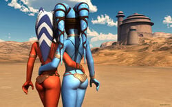 2girls 3d aayla_secura ahsoka_tano alien alien_girl armband artist_name back_view bald bare_shoulders big_breasts blue_skin bracer busty butt_crack choker clone_wars curvy day detailed_background female female_only headgear hourglass_figure hugging humanoid jabba's_palace jedi jedi_master jedi_padawan kondaspeter mammal marking metal_bikini midriff multiple_females multiple_girls orange_skin outdoor outside pose posing shiny shiny_skin slave_ahsoka slave_bikini standing star_wars tatooine the_clone_wars:_season_four togruta twi'lek voluptuous weapon wide_hips yuri