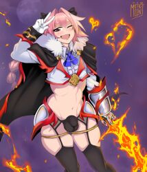 1boy astolfo_(fate) cosplay crossover duel_monster fate/grand_order fate_(series) femboy infernoble_knight_astolfo light-skinned_male metalling peace_sign pink_hair purple_eyes wink winking_at_viewer yu-gi-oh!