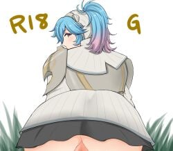 1girls anus aokuro ass back_view bad_censor blue_hair covering female female_only fire_emblem fire_emblem_fates hair_over_one_eye large_ass looking_at_viewer looking_back medium_hair multicolored_hair nintendo out-of-frame_censoring peri_(fire_emblem) red_eyes solo squatting twintails