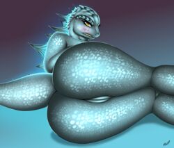 anthro ass big_butt blush curvy_figure digital_media_(artwork) female genitals godzilla godzilla_(series) hi_res horn kaiju letfurry1t looking_at_viewer monster nude pussy reptile rule_63 scalie simple_background solo teeth thick_thighs toho video_games voluptuous wide_hips yellow_eyes