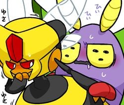 1boy 1girls 2015 bee blush dustox female half-closed_eyes implied_sex insect interspecies japanese_text kageyama male moth nintendo open_mouth pokémon_(species) pokemon pokemon_dppt pokemon_rse purple_skin simple_background sweat text trembling vespiquen video_games white_background wings yellow_skin