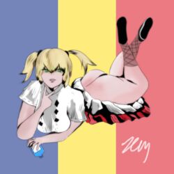 1girls big_ass blonde_hair cunnilingus_gesture eastern_european european female female_only huge_ass human human_only light-skinned_female light_skin national_personification no_panties romania romania_chan romanian_flag yellow_hair