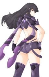 1girls arms ass ayra_(fire_emblem) back bare_back black_hair booty_shorts breasts clothing cosplay earrings female female_only fire_emblem fire_emblem:_genealogy_of_the_holy_war fist hand_on_hip hands legs long_hair looking_at_viewer nintendo purple_eyes pyra_(xenoblade)_(cosplay) solo suspenders_hanging thighs thong transparent_background tridisart xenoblade_(series) xenoblade_chronicles_2