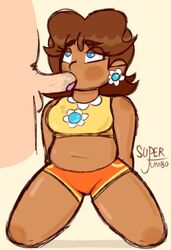 athletic bare_shoulders blue_eyes blush brown_hair chubby dark_skin ear_piercing earrings fellatio flower freckles half-closed_eyes kneeling mario_(series) mario_tennis navel nintendo nintendo_switch on_knees oral princess_daisy saliva shirt short_shorts shorts sports_uniform sportswear super_jumbo tank_top thick_eyebrows thick_thighs thighs tongue unseen_male_face