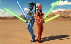 2girls 3d aayla_secura ahsoka_tano alien alien_girl armband artist_name bald bare_shoulders big_breasts blue_eyes blue_lightsaber blue_skin bracelet busty choker cleavage clone_wars curvy day detailed_background eyelashes female female_only front_view green_lightsaber headgear high_heels holding_object hourglass_figure humanoid jedi jedi_master jedi_padawan kondaspeter lightsaber looking_at_viewer mammal marking metal_bikini midriff multiple_females multiple_girls orange_skin outdoor outside pose posing purple_lips shadow shiny shiny_skin slave_ahsoka slave_bikini standing star_wars tatooine the_clone_wars:_season_four togruta topless twi'lek voluptuous weapon wide_hips yellow_eyes