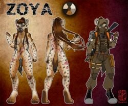 abs animal_genitalia anthro areola female gas_mask gun hyena mammal mask model_sheet pseudo-penis pussy ranged_weapon rifle s.t.a.l.k.e.r. scar solo sorabito video_games weapon zoya_(cloakedthief)