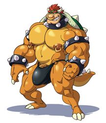 analon_(artist) anthro bara biceps big_bulge bowser bulge claws clothing collar facial_piercing grin hair huge_muscles male male_only mario_(series) muscular muscular_male nintendo nose_piercing nose_ring orange_skin pecs penis piercing red_hair showing_teeth simple_background smile solo standing toomanyboners underwear vein veiny_penis video_games white_background