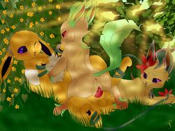 1boy 1girls 2018 alternate_color ambiguous_gender anus being_watched big_ears blush bondage cowgirl_position domination eeveelution female femdom feral feral_on_feral flower fur furry garruuk girly grass interspecies jolteon leafeon long_ears lying male male_penetrating nature nintendo on_back on_top open_mouth original_character outside paws penis plant pokemon pokemon_(species) pokemon_dppt pokemon_rgby purple_eyes pussy sex smile testicles video_games white_fur yellow_fur