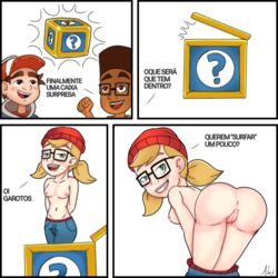 1girls 2boys box clothing comic female fresh_(subway_surfers) glasses human human_only jake_(subway_surfers) male portuguese_text subway subway_surfers tricky_(subway_surfers)