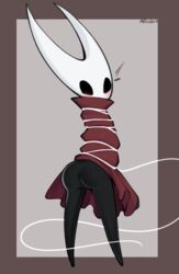 afrobull anus ass black_skin blush bondage bottomless bound brown_border cape cloak exposed exposed_ass exposed_pussy female female_only grey_background hollow_knight hornet_(hollow_knight) looking_at_viewer looking_back pussy red_cape restrained simple_background solo team_cherry tied_up