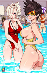 6+girls 6girls alternate_breast_size ass bikini blizzard_entertainment blonde_hair breasts brown_hair bubble_butt cameltoe cleavage d.va dark-skinned_female dark_skin emily_(overwatch) female female_only hair_over_one_eye hourglass_figure kyoffie large_breasts looking_at_viewer looking_back medium_breasts mercy multiple_girls one-piece_swimsuit overwatch overwatch_2 pharah red_hair sideboob sombra tongue tongue_out tracer