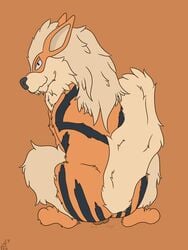 1boy 2018 anus arcanine ass austrum back barely_visible_genitalia big_ears big_tail black_eyes black_fur black_nose canine digital_media_(artwork) feet feral fur furry half-closed_eyes hi_res male male_only mammal nintendo nude orange_background orange_fur paws pokemon pokemon_(species) pokemon_rgby presenting presenting_hindquarters raised_tail rear_view simple_background solo squatting stripes sweat tail testicles text thick_thighs video_games watermark wet