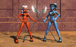 2girls 3d aayla_secura ahsoka_tano alien alien_girl alternate_version_available armband artist_name bald bare_shoulders big_breasts blue_eyes blue_skin bracer busty choker cleavage clone_wars curvy day detailed_background erect_nipple erect_nipples eyelashes female female_only front_view hand_on_hip hands_on_hip hands_on_hips headgear holding_object hourglass_figure humanoid jabba's_palace jedi jedi_master jedi_padawan kondaspeter looking_at_viewer mammal marking midriff multiple_females multiple_girls orange_skin outdoor outside pose posing purple_lips shadow shiny shiny_skin spread_legs spreading standing star_wars tatooine the_clone_wars:_season_four togruta twi'lek vibro_axe voluptuous weapon wide_hips yellow_eyes