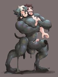 2018 2_heads 4_toes 5_fingers anthro balls beard biceps big_penis brown_hair canine digitigrade duo erection facial_hair goo_transformation hair human_to_anthro humanoid_penis hypnosis kerun male male_only mammal merging mind_control multi_head muscular muscular_male navel nipples pecs penis precum smile spiral_eyes standing toes tongue tongue_out transformation uncut