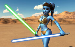 1girls 3d aayla_secura alien alien_girl armband artist_name bald bare_shoulders big_breasts blue_lightsaber blue_skin bracer busty choker cleavage clone_wars curvy day detailed_background eyelashes female female_only front_view green_lightsaber headgear high_heels holding_object hourglass_figure humanoid jedi jedi_master kondaspeter lightsaber looking_at_viewer looking_up mammal metal_bikini midriff outdoor outside pose posing purple_lips sandals shadow shiny shiny_skin shoes slave_bikini solo spread_legs spreading standing star_wars tatooine twi'lek voluptuous weapon wide_hips yellow_eyes