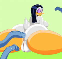 2015 anal anal_juice anal_sex anthro anus ass avian beak big_breasts big_butt bird black_hair breasts closed_eyes disney duck ducktales ducktits eyeshadow feathers female hair hi_res long_hair lying magica_de_spell makeup nude penetration pussy simple_background smile solo tail_feathers tentacle tentacle_sex thick_thighs white_feathers yellow_background