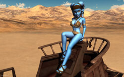 1girls 3d aayla_secura alien alien_girl armband artist_name bald bantha-ii_cargo_skiff bare_shoulders big_breasts blue_skin busty choker cleavage clone_wars curvy day detailed_background eyelashes female female_only front_view headgear hourglass_figure humanoid jedi jedi_master kondaspeter looking_at_viewer mammal metal_bikini midriff outdoor outside pose posing purple_lips sandals shadow shiny shiny_skin shoes slave_bikini solo spread_legs spreading standing star_wars tatooine twi'lek voluptuous wide_hips yellow_eyes