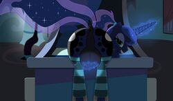 anus balls bed clothed clothed_feral clothing dickgirl equine feral friendship_is_magic glowing horn intersex legwear magic mammal my_little_pony ponytail princess_luna_(mlp) socks solo trash_anon unicorn