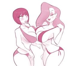 2girls big_breasts bikini bimbo blush breast_press breasts breasts_to_breasts crossover disney earrings eyelashes eyeshadow female_only frida_mofette hair_over_one_eye jessica_rabbit large_breasts lipstick long_hair makeup medium_breasts monochrome sketch wakfu who_framed_roger_rabbit