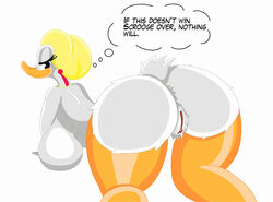 2015 all_fours anthro ass avian beak big_breasts big_butt bird blonde_hair breasts brigitta_mcbridge clitoris dialogue disney duck ducktits ear_piercing english_text eyelashes feathers female hair half-closed_eyes hi_res jewelry looking_at_viewer looking_back mature_female necklace nude piercing pussy short_hair sideboob simple_background smile solo tail_feathers text thick_thighs thought_bubble white_background white_feathers