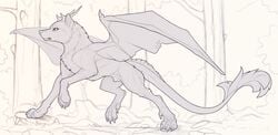 2018 canine claws day detailed_background dragon feral forest horn hybrid male mammal membranous_wings original_character outside paws sketch solo standing tree wings wolf yakovlev-vad