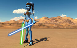 1girls 3d aayla_secura alien alien_girl armband artist_name bald bare_shoulders big_breasts blue_lightsaber blue_skin bracer busty choker cleavage clone_wars curvy day detailed_background eyelashes female female_only front_view green_lightsaber headgear high_heels holding_object hourglass_figure humanoid jedi jedi_master kondaspeter lightsaber looking_at_viewer looking_up mammal metal_bikini midriff outdoor outside pose posing purple_lips sandals shadow shiny shiny_skin shoes slave_bikini solo spread_legs spreading standing star_wars tatooine twi'lek voluptuous weapon wide_hips yellow_eyes