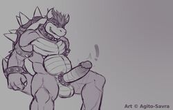 ! 1boy agito-savra anthro balls bara bowser cock_ring erection grey_background greyscale humanoid_penis koopa male male_only mario_(series) monochrome muscular nintendo nude penis scalie simple_background sitting smile solo tail teeth testicles thick_penis video_games